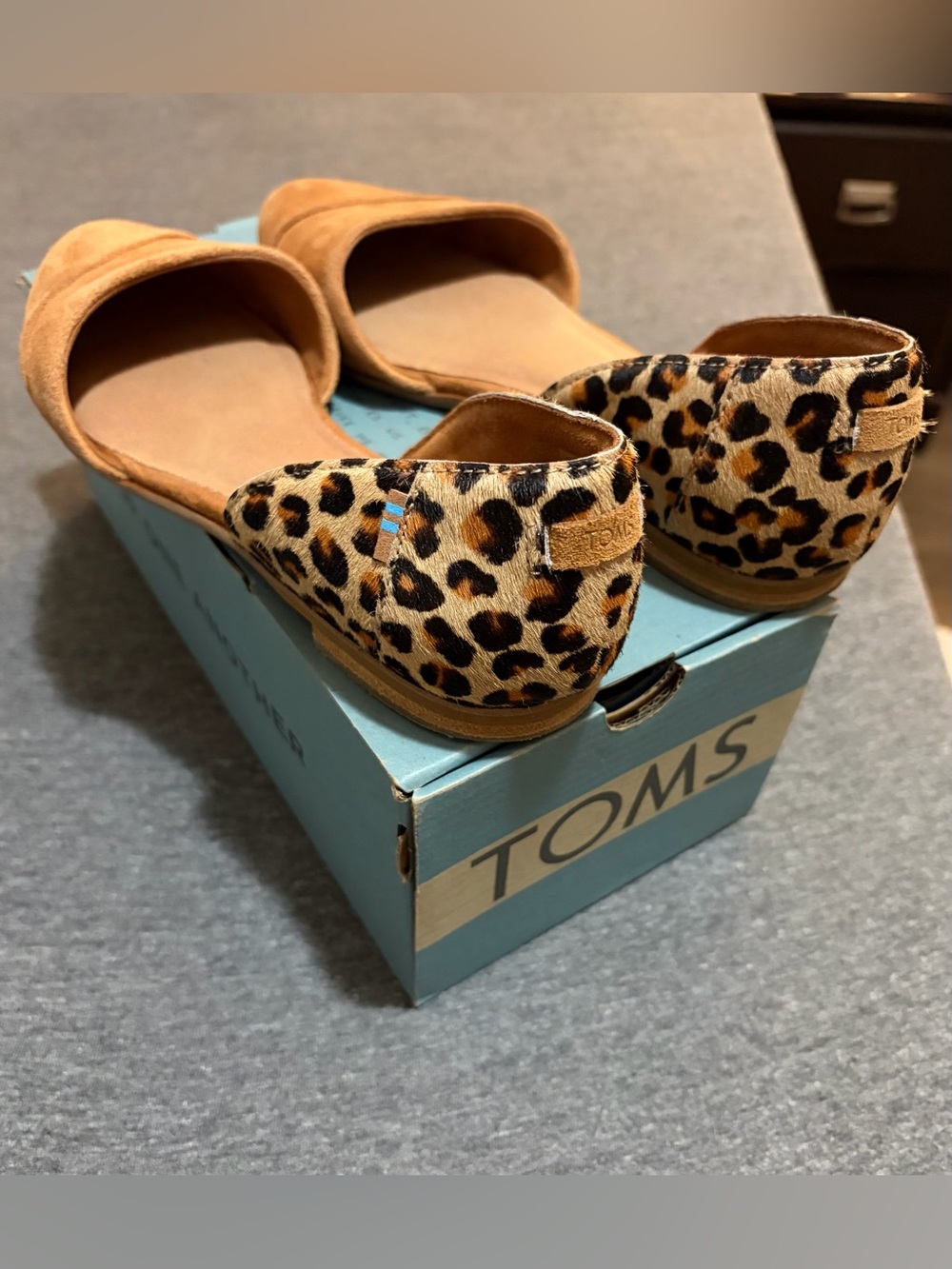 TOMS Jutti D'orsay Flats in Carmel Brown Suede with Leopard Pattern Cow Hair